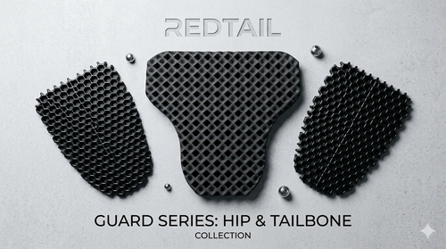 Three black textured protective pads arranged on a light gray background with the text 'REDTAIL' at the top and 'GUARD SERIES: HIP & TAILBONE COLLECTION' at the bottom.