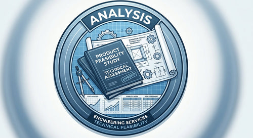A circular blue and white graphic seal with the word 'ANALYSIS' at the top and technical study icons including a notebook, compass, and blueprint, centered on a soft gray gradient background.